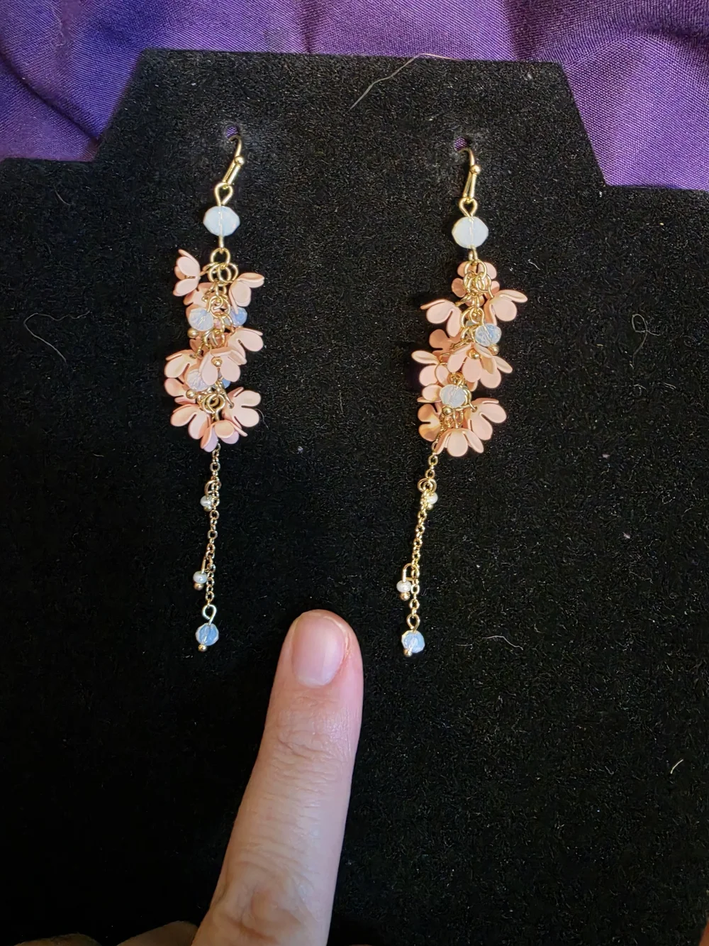 Delicate Pink Floral Dangle Earrings - Gold Tone